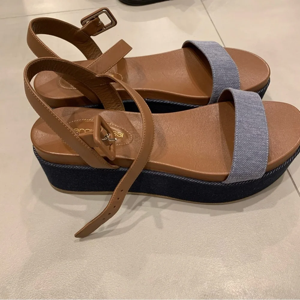 NWT Sergio Rossi Denim Leather Platform Sandal - 39.5